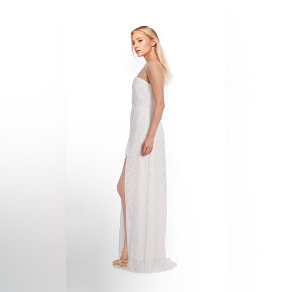 JEWEL Badgley Mischa dress One-Shoulder White lace Gown front slit Sz 10 NWT - Picture 4 of 16